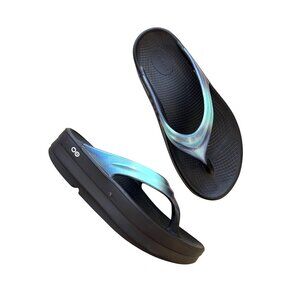 Oofos Women's  Sz W11 OOahh Luxe Recovery Sandals Iridescent Strap Black Sole